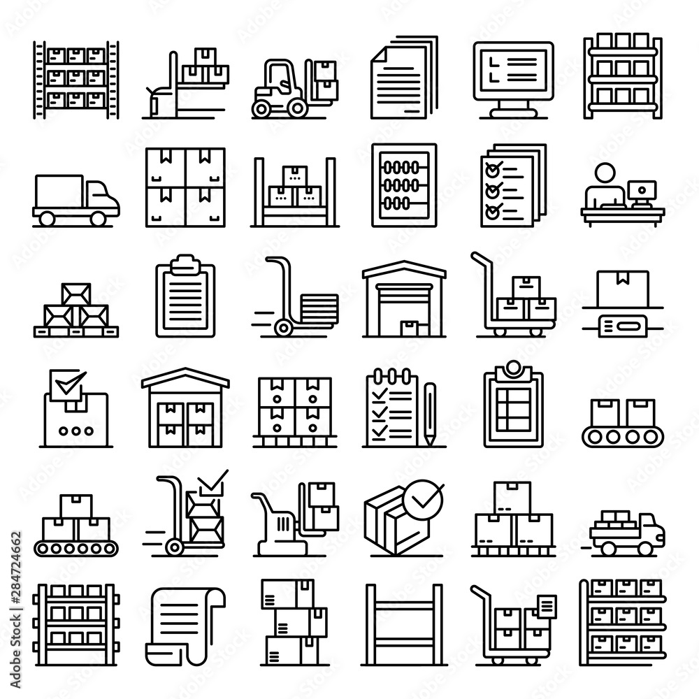 Inventory icons set. Outline set of inventory vector icons for web design isolated on white background - obrazy, fototapety, plakaty 