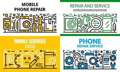 Wall Mural - City mobile phone repair banner set. Outline set of city mobile phone repair vector banner for web design