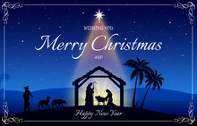 Chritmas Nativity Scene Greeting Card On Blue Background