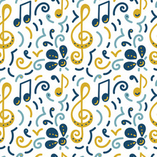 Seamless Pattern. Doodle Vector Background, Music Concert Festival. Musical Note, Treble Clef, Flowers