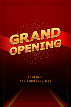 Wall Mural - Grand opening invitation concept. Luxury design. Gold glitter letters on abstract background with red carpet, light effect and confetti. Applicable for banner, flyer, presentation and poster design