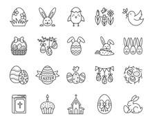 Easter Egg Bunny Simple Black Line Icon Vector Set