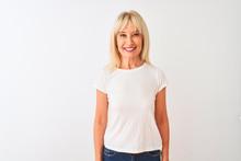 Middle Age Woman Wearing Casual T-shirt Standing Over Isolated White Background With A Happy And Cool Smile On Face. Lucky Person.