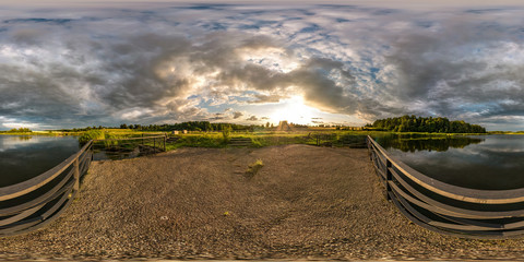 Wall Mural - full seamless spherical hdri panorama 360 degrees angle view on concrete pier near lake in evening in equirectangular projection with zenith, ready VR AR virtual reality content