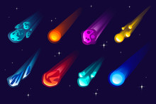 Set Of Meteors And Comet With Different Colors And Shapes Flat Vector Illustration On Outer Space Background With Stars