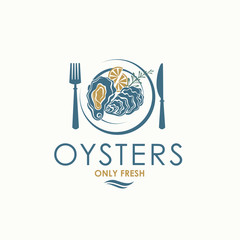 Wall Mural - label of fresh oyster shell and lemon on plate isolated on light background