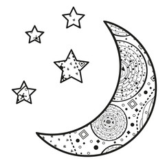 Wall Mural - Crescent moon and stars with abstract patterns on isolation background. Design for spiritual relaxation for adults. Line art creation. Black and white illustration for anti stress colouring page