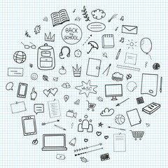 Wall Mural - Abstract checkered pattern with school supplies. Graphic paper background. Back to school. Hand drawn elements. Education concept