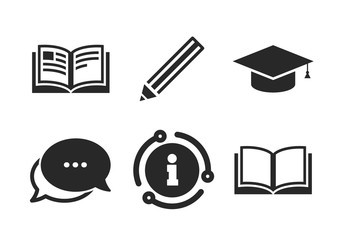 graduation cap symbol. chat, info sign. pencil and open book icons. higher education learn signs. cl