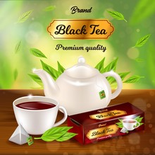 Black Tea Promo Banner, Pot, Cup With Beverage