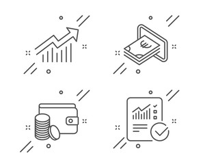 Wall Mural - Payment method, Demand curve and Cash line icons set. Checked calculation sign. Wallet with coins, Statistical report, Atm payment. Statistical data. Finance set. Vector