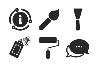 Spray can and Spatula signs. Chat, info sign. Paint roller, brush icons. Wall repair tool and painting symbol. Classic style speech bubble icon. Vector