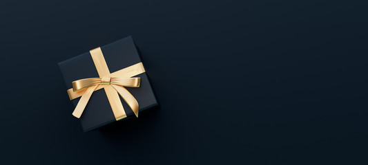 black gift box with golden bow on black background 3d rendering