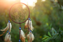 Dreamcatcher At Sunset With Copy Space, Symbol, Tradition, Signs. Boho Style
