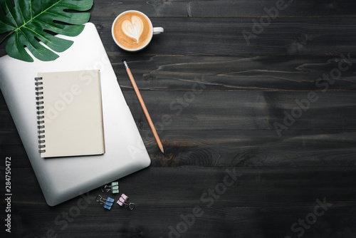 Modern Dark Wood Office Desk Table With Laptop Notebook And Other Dark Wood Office Desk Table With Laptop