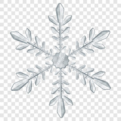 Big complex translucent Christmas snowflake in gray colors for use on light background. Transparency only in vector format