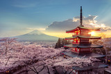 Fototapeta  - Fujiyoshida, Japan Beautiful view of mountain Fuji and Chureito pagoda at sunset, japan in the spring with cherry blossoms