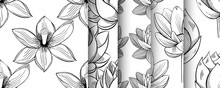 Lotus Lily Water Flower Seamless Pattern Set In A Vintage Style