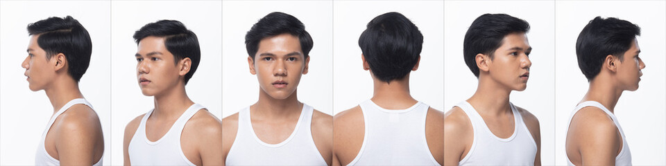 Collage pack group of Asian Teenager man after make up hair style. no retouch, fashion face, express many feeling and posing. Studio lighting white background isolated, rear side back view