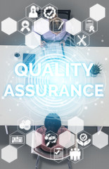 Wall Mural - quality assurance and quality control concept - modern graphic interface showing certified standard 
