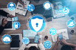 © InfiniteFlow - Cyber Security and Digital Data Protection Concept. Icon graphic interface showing secure firewall technology for online data access defense against hacker, virus and insecure information for privacy.