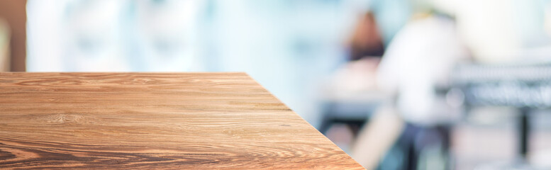 Aufkleber - wood table top product display background with blur people in cafe restaurant.left perspective wooden kitchen counter with customer dinning at desk.Banner mockup presentation for your product online