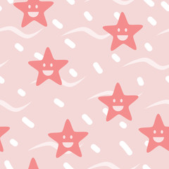 Cute happy red star with light red background seamless pattern. Vector illustration.