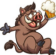Happy, fat and drunk carton boar holding a beer clip art. Vector illustration with simple gradients. All in a single layer. 