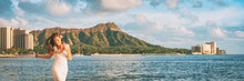 Hawaii Waikiki Beach Tourist Woman Happy In Honolulu Travel Banner Vacation. Panoramic Landscape With Diamond Head Mountain In The Background.