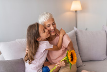 Little Preschool Granddaughter Kissing Happy Older Grandma On Cheek Giving Sunflower Congratulating Smiling Senior Grandmother With Birthday, Celebrating Mothers Day Or 8 March Concept