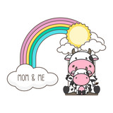 Fototapeta Dinusie - Cow and baby swing on a rainbow. Mother's day card vector illustration. 