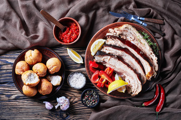 Canvas Print - jerky pork belly on a clay plate