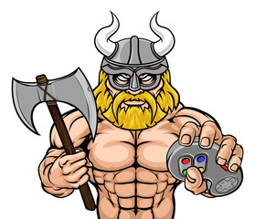 A Viking or gladiator warrior gamer mascot with video games controller