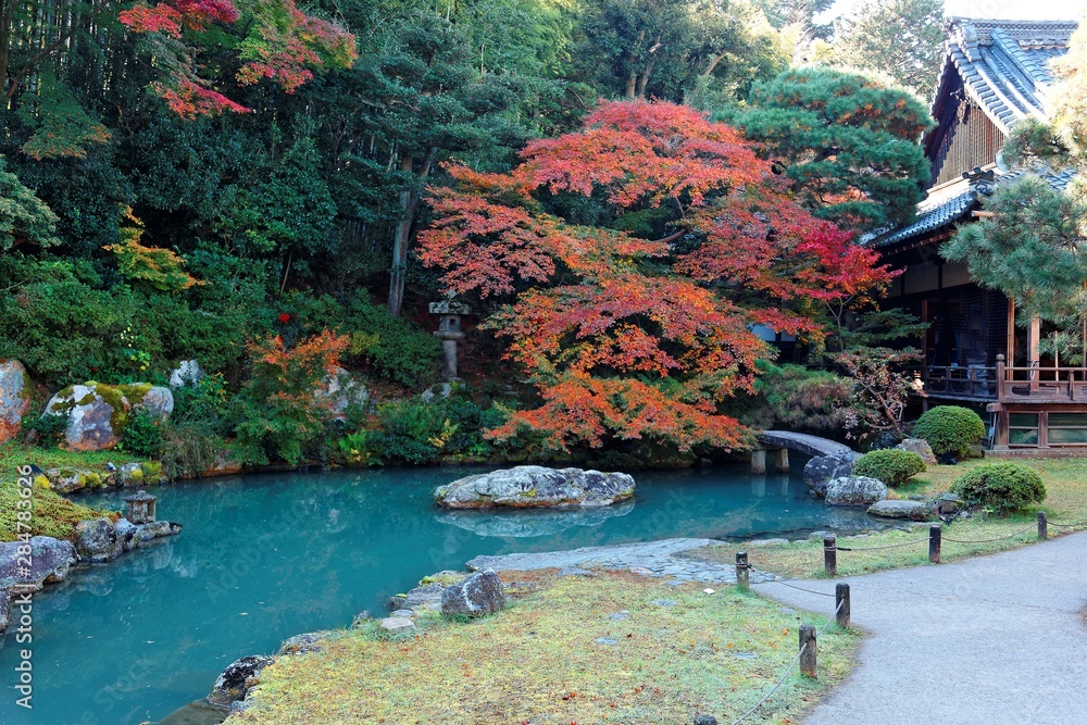 Autumn scenery of a Japanese garden in a free entry, public and famous ...