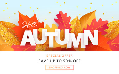 Hello Autumn Sale background, banner, poster or flyer design. Vector illustration with bright beautiful leaves and word Autumn made of paper in digital craft style. Template for advertising, web, ads