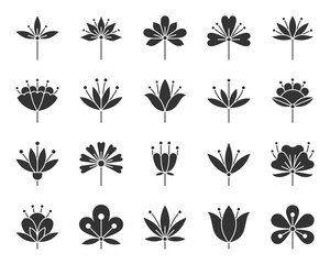 Stylized Flower black silhouette icons vector set