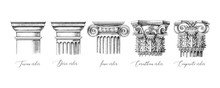 Architectural Orders. 5 Types Of Classical Capitals - Tuscan, Doric, Ionic, Corinthian And Composite