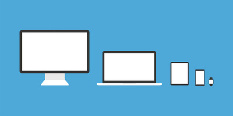 Wall Mural - device mockup template. set of computer monitor computer laptop phone tablet isolated on blue backgr