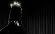 © Jade - Portrait of Miss Pageant Beauty Contest in sequin Evening Ball Gown long dress with sparkle light Diamond Crown, silhouette low key exposure with curtain, studio lighting dark background dramatic
