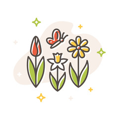 Wall Mural - Flower spring and butterfly flat vector icon