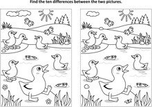 Find The Ten Differences Picture Puzzle And Coloring Page With Little Playful Ducklings On The Pond