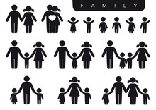 Vector Black Silhouette Icon Set Family. Woman, Man, Partner, Children, Son, Daughter. Isolated On White Background.