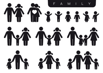 Vector black silhouette icon set family. Woman, man, partner, children, son, daughter. Isolated on white background.