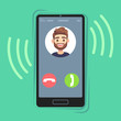 Incoming call on mobile phone. Friend photo on ringing phones screen. Calling display with contact info and buttons vector concept
