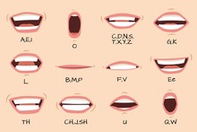 Mouth Sync. Talking Mouths Lips For Cartoon Character Animation And English Pronunciation Signs. Vector Set