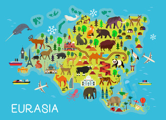  Cartoon animal map. Eurasia for Children and Kids. Vector Illustration.