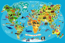 Animal Map Of The World For Children And Kids. Vector.
