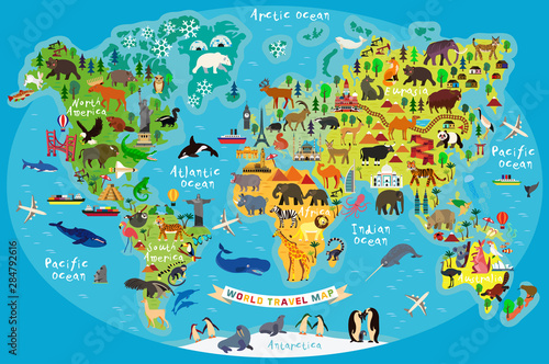 Naklejka dekoracyjna Animal Map of the World for Children and Kids. Vector.