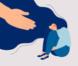 © Mary Long - Human hand helps a sad lonely woman to get rid of depression. A young unhappy girl sits and hugs her knees. The concept of support and care for people under stress. Vector illustration in flat style