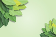 Green Leaves Frame On Green Background. Trendy Origami Paper Cut Style Vector Illustration.